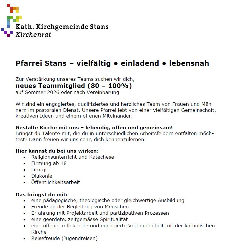 Stelleninserat - neues Teammitglied Pfarrei Stans