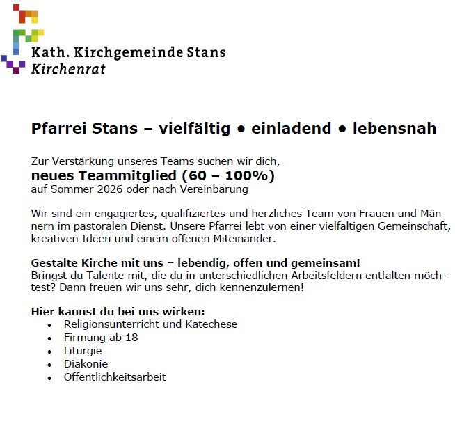 Stelleninserat - neues Teammitglied Pfarrei Stans